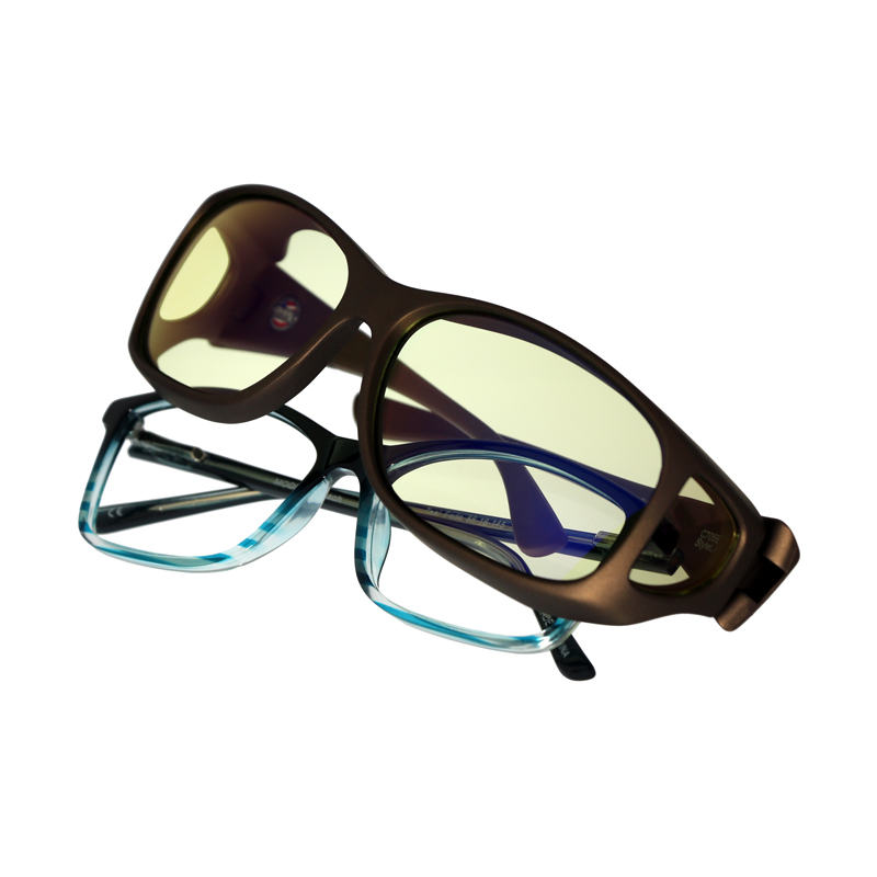 Cocoons Style Line fitovers have a large rectangle shape designed to fit over prescription eyewear that features full body rectangular shapes. Style line features an HEV blue light filter system