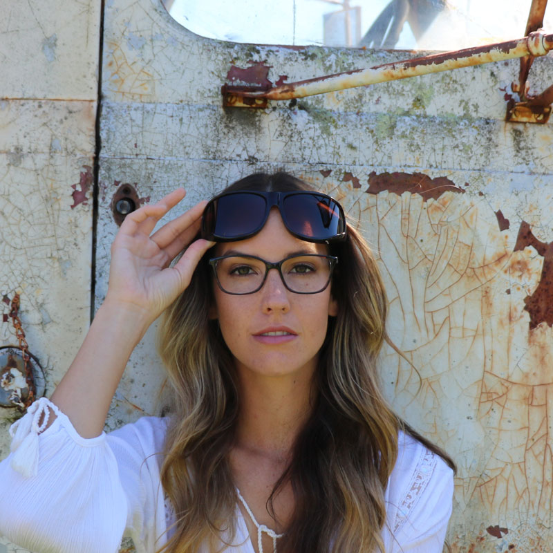 Jory's copper lens is housed in a crystal gloss black frame designed to fit over virtually any eyeglass style.