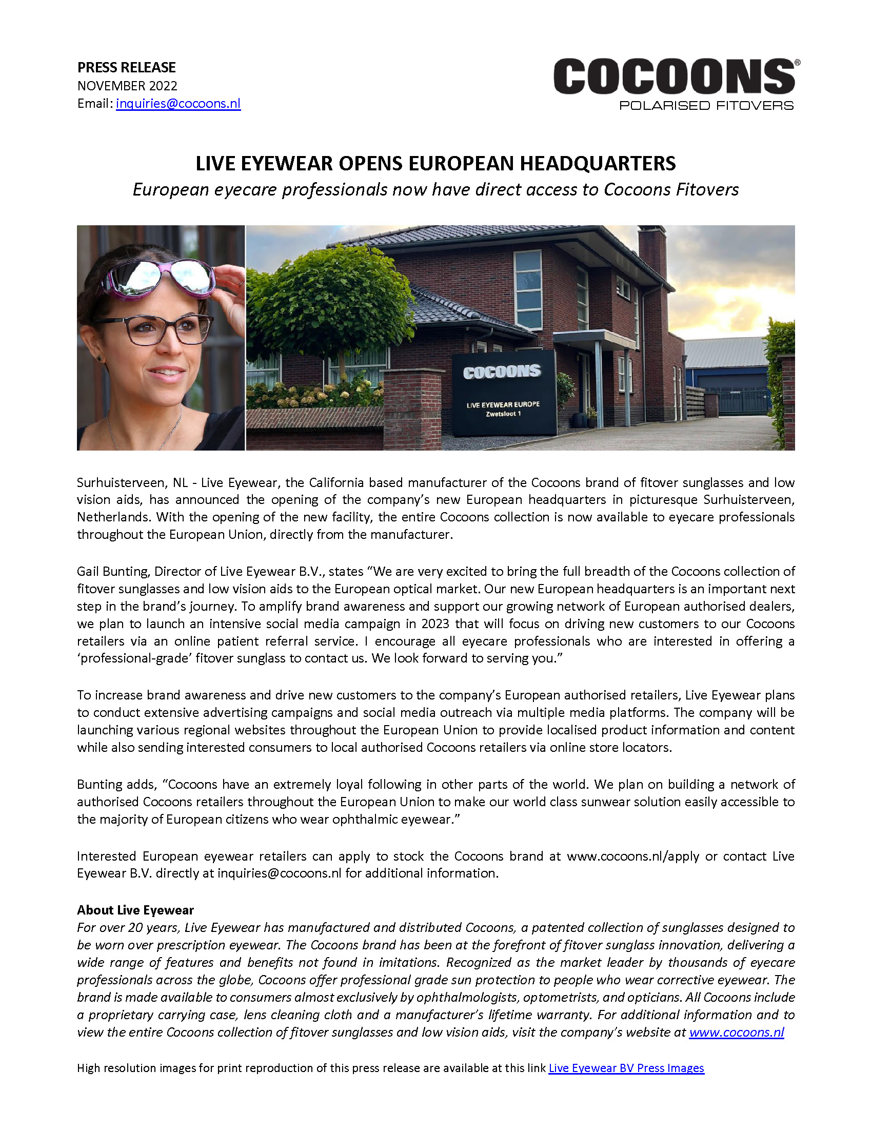 November 2022 Press Release announcing the launch of the Live Eyewear B.V. European Headquarters in Surhuisterveen, Netherlands
